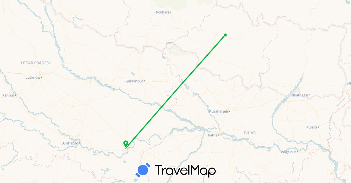 TravelMap itinerary: driving, bus in India, Nepal (Asia)